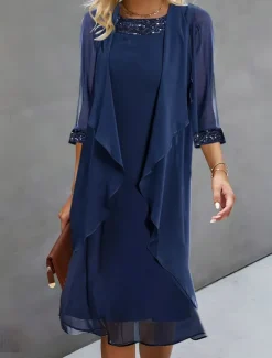 Sale Women's Wedding Guest Cocktail Dress Chiffon Daily Fashion Patchwork Sequin Casual Elegant Two Piece Dress Set Fall Winter Midi Dress Crew Neck 3/4 Length Sleeve Plain Women Chiffon Dresses|Work Dresses