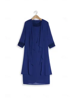 Sale Women's Wedding Guest Cocktail Dress Chiffon Daily Fashion Patchwork Sequin Casual Elegant Two Piece Dress Set Fall Winter Midi Dress Crew Neck 3/4 Length Sleeve Plain Women Chiffon Dresses|Work Dresses