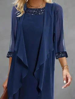 Sale Women's Wedding Guest Cocktail Dress Chiffon Daily Fashion Patchwork Sequin Casual Elegant Two Piece Dress Set Fall Winter Midi Dress Crew Neck 3/4 Length Sleeve Plain Women Chiffon Dresses|Work Dresses