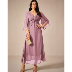 Clearance Women's Wedding Guest Cocktail Dress Chiffon Plain Ruffle Twisted Elegant Summer Maxi Dress V Neck Flared 3/4 Length Sleeve Women Cocktail Dress