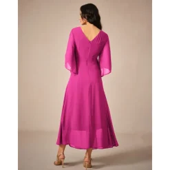 Clearance Women's Wedding Guest Cocktail Dress Chiffon Plain Ruffle Twisted Elegant Summer Maxi Dress V Neck Flared 3/4 Length Sleeve Women Cocktail Dress