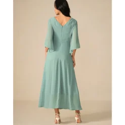 Clearance Women's Wedding Guest Cocktail Dress Chiffon Plain Ruffle Twisted Elegant Summer Maxi Dress V Neck Flared 3/4 Length Sleeve Women Cocktail Dress