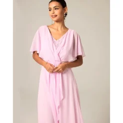 New Women's Wedding Guest Cocktail Dress Chiffon Lace Split Elegant Formal A Line Maxi Dress V Neck Short Sleeve Color Women Cocktail Dress|Chiffon Dresses
