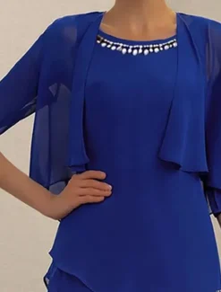 Discount Women's Wedding Guest Cocktail Dress Elegant Dress Set Work Chiffon Dress Office Fashion Ruffle Patchwork Mini Dress Crew Neck Half Sleeve Plain Summer Spring Women Chiffon Dresses