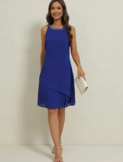 Discount Women's Wedding Guest Cocktail Dress Elegant Dress Set Work Chiffon Dress Office Fashion Ruffle Patchwork Mini Dress Crew Neck Half Sleeve Plain Summer Spring Women Chiffon Dresses