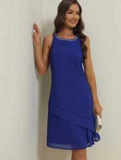 Discount Women's Wedding Guest Cocktail Dress Elegant Dress Set Work Chiffon Dress Office Fashion Ruffle Patchwork Mini Dress Crew Neck Half Sleeve Plain Summer Spring Women Chiffon Dresses