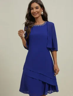 Discount Women's Wedding Guest Cocktail Dress Elegant Dress Set Work Chiffon Dress Office Fashion Ruffle Patchwork Mini Dress Crew Neck Half Sleeve Plain Summer Spring Women Chiffon Dresses