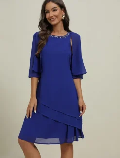 Discount Women's Wedding Guest Cocktail Dress Elegant Dress Set Work Chiffon Dress Office Fashion Ruffle Patchwork Mini Dress Crew Neck Half Sleeve Plain Summer Spring Women Chiffon Dresses
