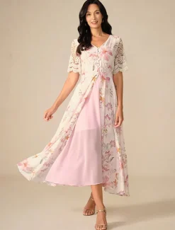 Best Women's Wedding Guest Cocktail Dress Floral Lace Button V Neck Maxi Dress Elegant Stylish Party Short Sleeve Summer Women Chiffon Dresses