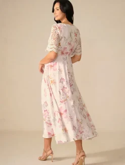 Best Women's Wedding Guest Cocktail Dress Floral Lace Button V Neck Maxi Dress Elegant Stylish Party Short Sleeve Summer Women Chiffon Dresses