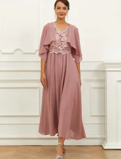 Best Women's Wedding Guest Cocktail Dress Chiffon Lace Ruffle V Neck Short Sleeve Midi Dress Party Elegant Formal Summer Women Cocktail Dress|Chiffon Dresses