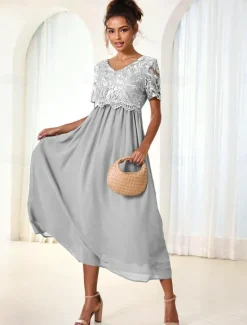 Discount Women's Wedding Guest Cocktail Dress Maxi Dress Contrast Lace Party Elegant Formal V Neck Short Sleeve Pink Green Gray Color Women Chiffon Dresses