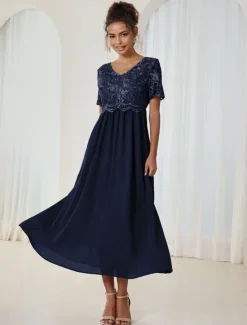 Discount Women's Wedding Guest Cocktail Dress Maxi Dress Contrast Lace Party Elegant Formal V Neck Short Sleeve Pink Green Gray Color Women Chiffon Dresses
