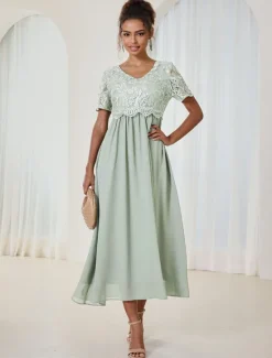 Discount Women's Wedding Guest Cocktail Dress Maxi Dress Contrast Lace Party Elegant Formal V Neck Short Sleeve Pink Green Gray Color Women Chiffon Dresses