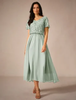 Discount Women's Wedding Guest Cocktail Dress Maxi Dress Contrast Lace Party Elegant Formal V Neck Short Sleeve Pink Green Gray Color Women Chiffon Dresses