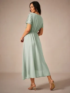 Discount Women's Wedding Guest Cocktail Dress Maxi Dress Contrast Lace Party Elegant Formal V Neck Short Sleeve Pink Green Gray Color Women Chiffon Dresses