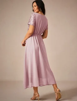 Discount Women's Wedding Guest Cocktail Dress Maxi Dress Contrast Lace Party Elegant Formal V Neck Short Sleeve Pink Green Gray Color Women Chiffon Dresses