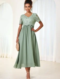 Discount Women's Wedding Guest Cocktail Dress Maxi Dress Contrast Lace Party Elegant Formal V Neck Short Sleeve Pink Green Gray Color Women Chiffon Dresses