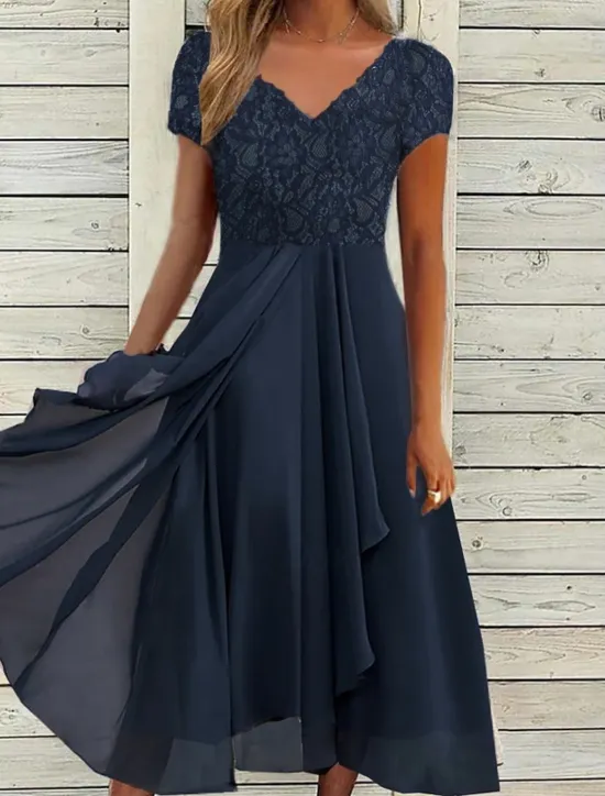 New Women's Wedding Guest Cocktail Dress Elegant Midi Dress V-Neck Lace Short Sleeve Chiffon Flowy Evening Party Summer Women Chiffon Dresses