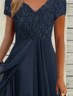 New Women's Wedding Guest Cocktail Dress Elegant Midi Dress V-Neck Lace Short Sleeve Chiffon Flowy Evening Party Summer Women Chiffon Dresses