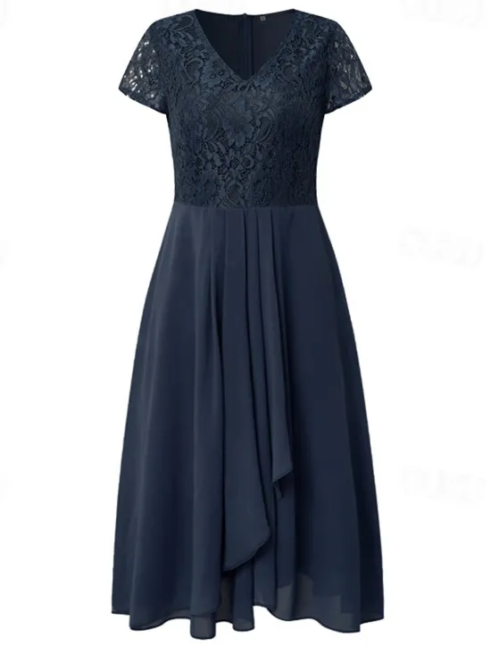 New Women's Wedding Guest Cocktail Dress Elegant Midi Dress V-Neck Lace Short Sleeve Chiffon Flowy Evening Party Summer Women Chiffon Dresses