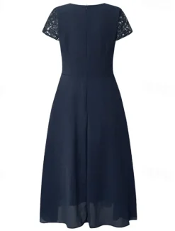 New Women's Wedding Guest Cocktail Dress Elegant Midi Dress V-Neck Lace Short Sleeve Chiffon Flowy Evening Party Summer Women Chiffon Dresses