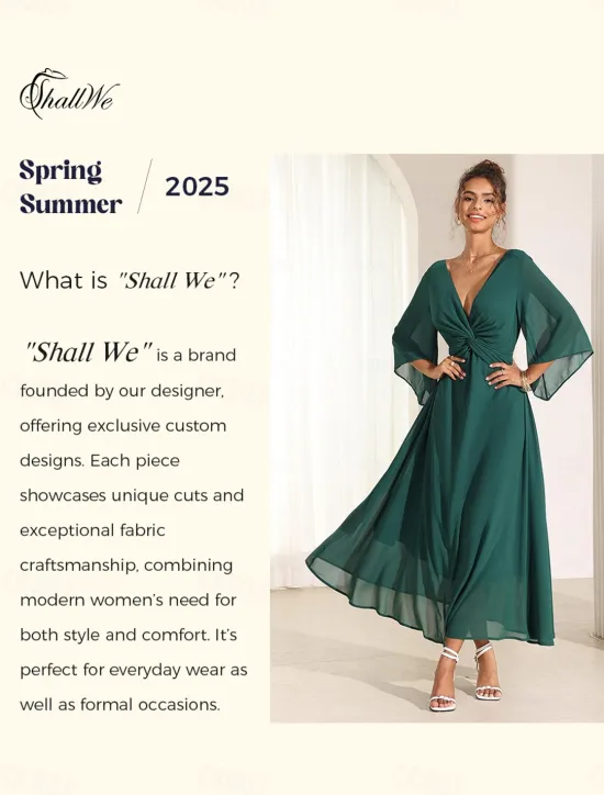 New Women's Wedding Guest Cocktail Dress Elegant Midi Dress V-Neck Lace Short Sleeve Chiffon Flowy Evening Party Summer Women Chiffon Dresses
