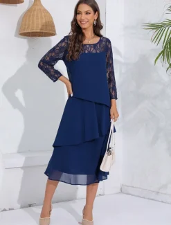 New Women's Wedding Guest Cocktail Dress Lace Ruffle Elegant Vacation Spring Winter Midi Dress Crew Neck Long Sleeve Women Cocktail Dress|Chiffon Dresses