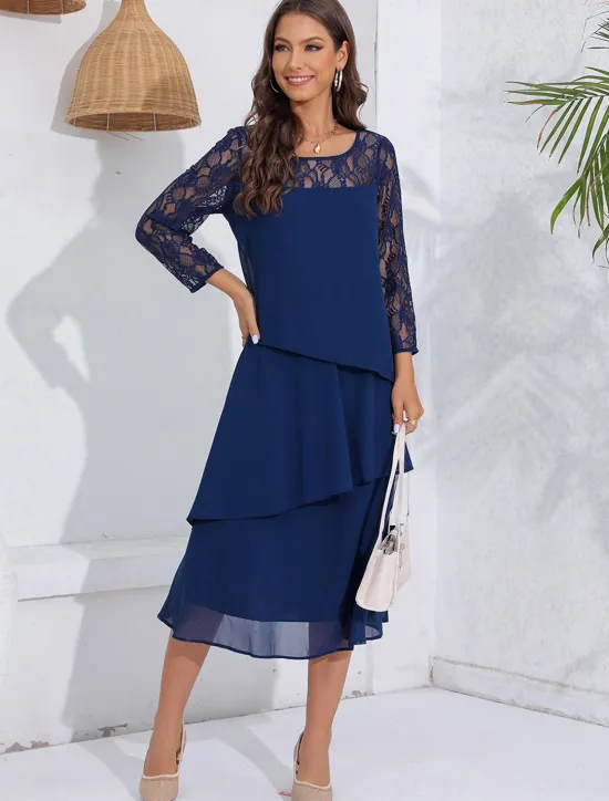 New Women's Wedding Guest Cocktail Dress Lace Ruffle Elegant Vacation Spring Winter Midi Dress Crew Neck Long Sleeve Women Cocktail Dress|Chiffon Dresses