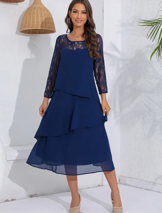 New Women's Wedding Guest Cocktail Dress Lace Ruffle Elegant Vacation Spring Winter Midi Dress Crew Neck Long Sleeve Women Cocktail Dress|Chiffon Dresses