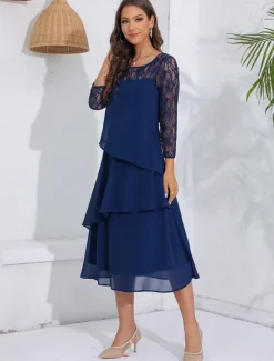 New Women's Wedding Guest Cocktail Dress Lace Ruffle Elegant Vacation Spring Winter Midi Dress Crew Neck Long Sleeve Women Cocktail Dress|Chiffon Dresses