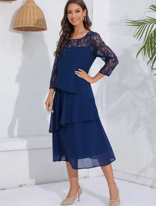 New Women's Wedding Guest Cocktail Dress Lace Ruffle Elegant Vacation Spring Winter Midi Dress Crew Neck Long Sleeve Women Cocktail Dress|Chiffon Dresses