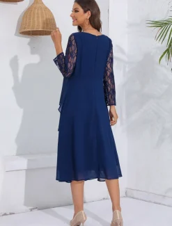 New Women's Wedding Guest Cocktail Dress Lace Ruffle Elegant Vacation Spring Winter Midi Dress Crew Neck Long Sleeve Women Cocktail Dress|Chiffon Dresses