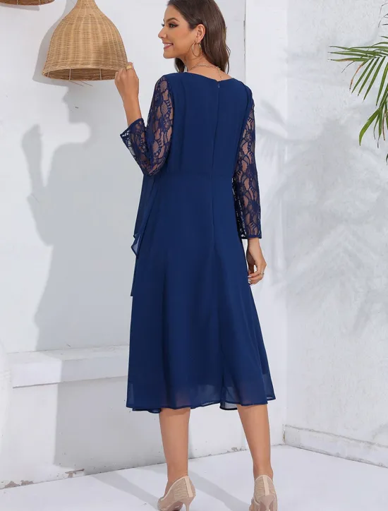 New Women's Wedding Guest Cocktail Dress Lace Ruffle Elegant Vacation Spring Winter Midi Dress Crew Neck Long Sleeve Women Cocktail Dress|Chiffon Dresses