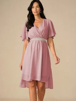 Discount Women's Wedding Guest Cocktail Dress Bridesmaid Chiffon Split Thigh Elegant Midi Dress V Neck Short Flounce Sleeve Pink Blue Green Color Women Chiffon Dresses