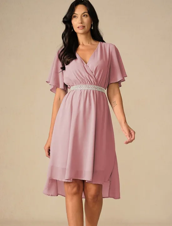 Discount Women's Wedding Guest Cocktail Dress Bridesmaid Chiffon Split Thigh Elegant Midi Dress V Neck Short Flounce Sleeve Pink Blue Green Color Women Chiffon Dresses