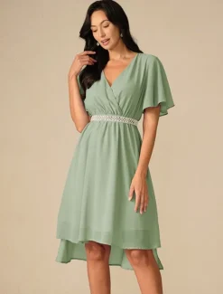 Discount Women's Wedding Guest Cocktail Dress Bridesmaid Chiffon Split Thigh Elegant Midi Dress V Neck Short Flounce Sleeve Pink Blue Green Color Women Chiffon Dresses