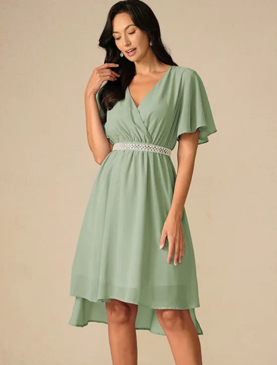 Discount Women's Wedding Guest Cocktail Dress Bridesmaid Chiffon Split Thigh Elegant Midi Dress V Neck Short Flounce Sleeve Pink Blue Green Color Women Chiffon Dresses