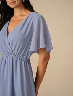 Discount Women's Wedding Guest Cocktail Dress Bridesmaid Chiffon Split Thigh Elegant Midi Dress V Neck Short Flounce Sleeve Pink Blue Green Color Women Chiffon Dresses