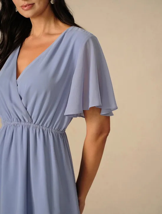 Discount Women's Wedding Guest Cocktail Dress Bridesmaid Chiffon Split Thigh Elegant Midi Dress V Neck Short Flounce Sleeve Pink Blue Green Color Women Chiffon Dresses