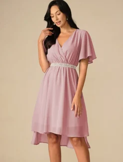 Discount Women's Wedding Guest Cocktail Dress Bridesmaid Chiffon Split Thigh Elegant Midi Dress V Neck Short Flounce Sleeve Pink Blue Green Color Women Chiffon Dresses