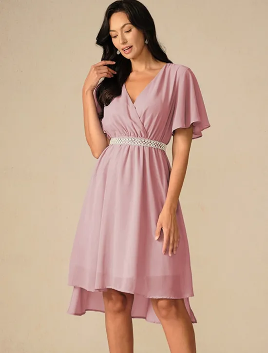 Discount Women's Wedding Guest Cocktail Dress Bridesmaid Chiffon Split Thigh Elegant Midi Dress V Neck Short Flounce Sleeve Pink Blue Green Color Women Chiffon Dresses