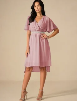Discount Women's Wedding Guest Cocktail Dress Bridesmaid Chiffon Split Thigh Elegant Midi Dress V Neck Short Flounce Sleeve Pink Blue Green Color Women Chiffon Dresses
