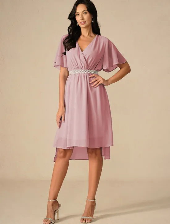 Discount Women's Wedding Guest Cocktail Dress Bridesmaid Chiffon Split Thigh Elegant Midi Dress V Neck Short Flounce Sleeve Pink Blue Green Color Women Chiffon Dresses