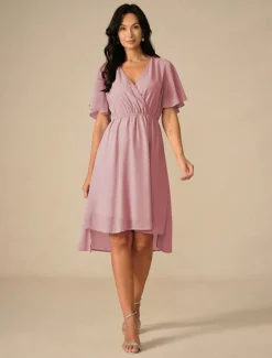 Discount Women's Wedding Guest Cocktail Dress Bridesmaid Chiffon Split Thigh Elegant Midi Dress V Neck Short Flounce Sleeve Pink Blue Green Color Women Chiffon Dresses
