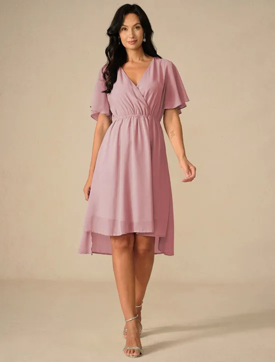 Discount Women's Wedding Guest Cocktail Dress Bridesmaid Chiffon Split Thigh Elegant Midi Dress V Neck Short Flounce Sleeve Pink Blue Green Color Women Chiffon Dresses