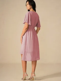 Discount Women's Wedding Guest Cocktail Dress Bridesmaid Chiffon Split Thigh Elegant Midi Dress V Neck Short Flounce Sleeve Pink Blue Green Color Women Chiffon Dresses