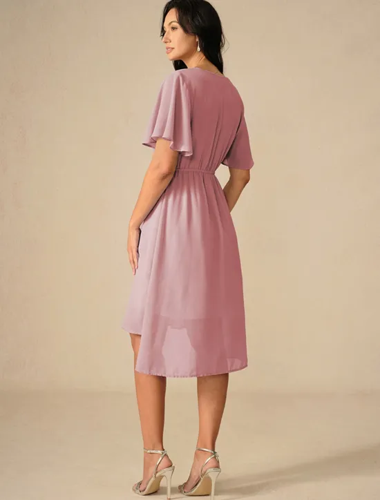 Discount Women's Wedding Guest Cocktail Dress Bridesmaid Chiffon Split Thigh Elegant Midi Dress V Neck Short Flounce Sleeve Pink Blue Green Color Women Chiffon Dresses