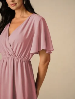 Discount Women's Wedding Guest Cocktail Dress Bridesmaid Chiffon Split Thigh Elegant Midi Dress V Neck Short Flounce Sleeve Pink Blue Green Color Women Chiffon Dresses