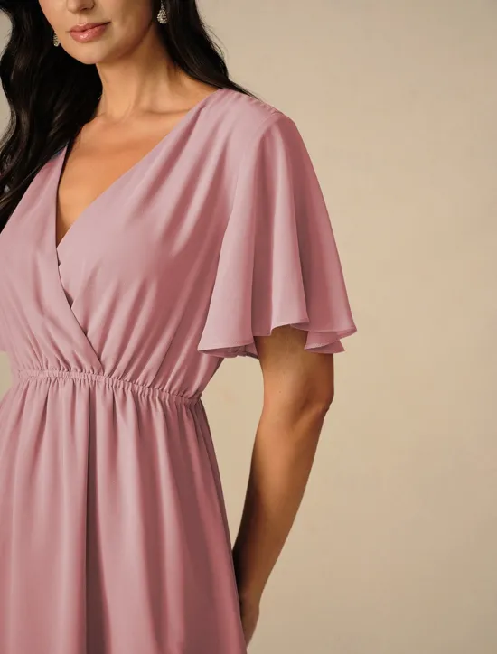 Discount Women's Wedding Guest Cocktail Dress Bridesmaid Chiffon Split Thigh Elegant Midi Dress V Neck Short Flounce Sleeve Pink Blue Green Color Women Chiffon Dresses